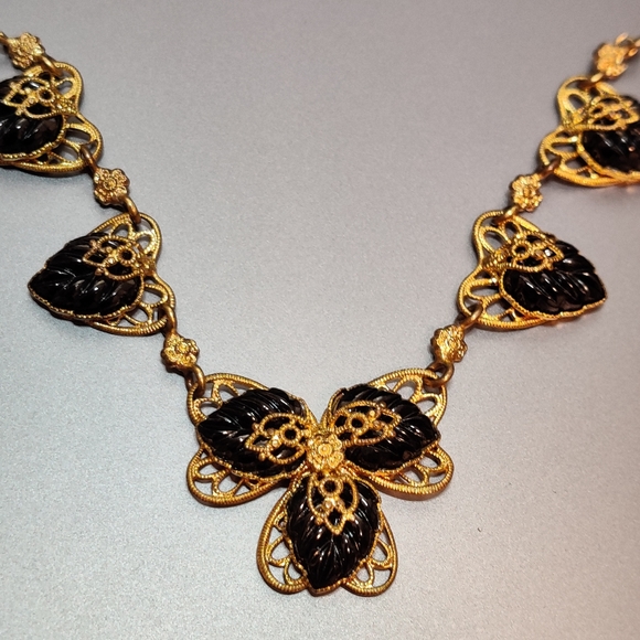 Signed Germany Filigree Hearts Black Molded Glass Necklace - Picture 6 of 15